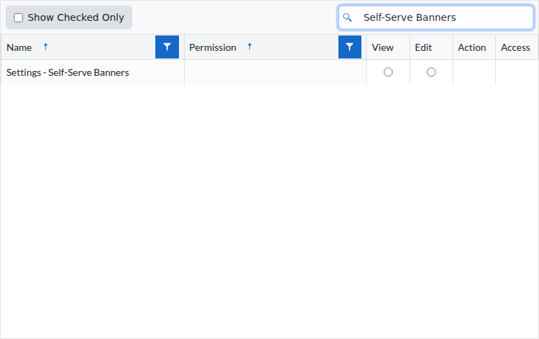 The Permissions grid of a Back Office role, filtered on "Self-Serve Banners", showing the "Settings - Self-Serve Banners" row with its View and Edit options.