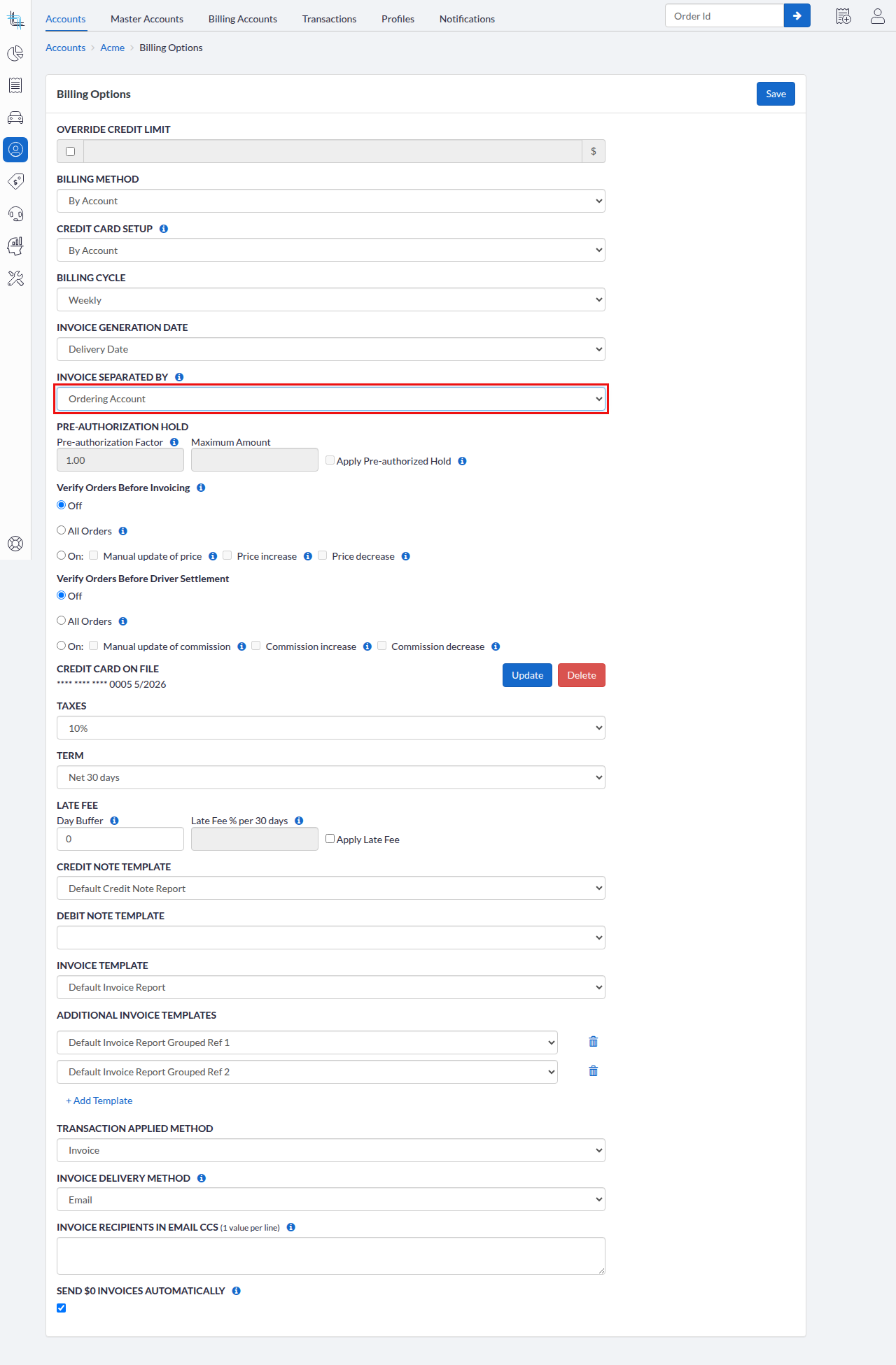 Account billing options
