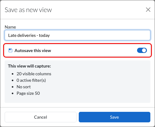 The Save as new view dialog, with the Autosave this view switch outlined in red above the This view will capture summary