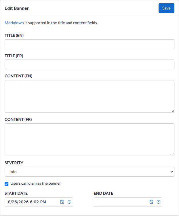 The empty banner form, with the Title and Content fields for both languages, Severity, the Users can dismiss the banner checkbox, and the start and end dates.