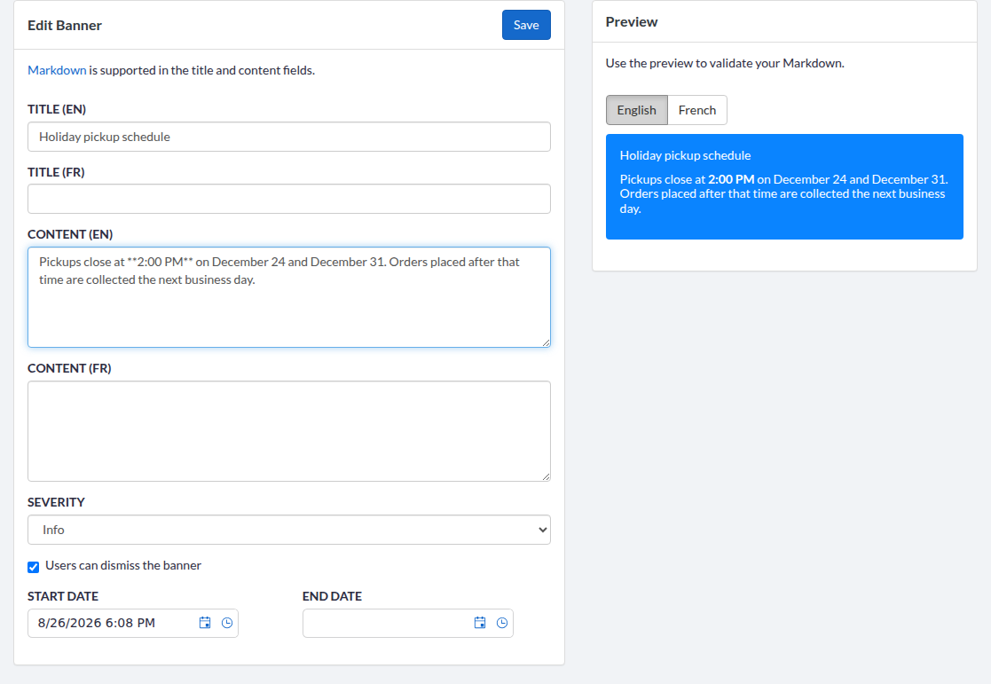 The banner form filled in on the left and the Preview panel on the right, showing the banner as customers will see it with its Markdown applied.