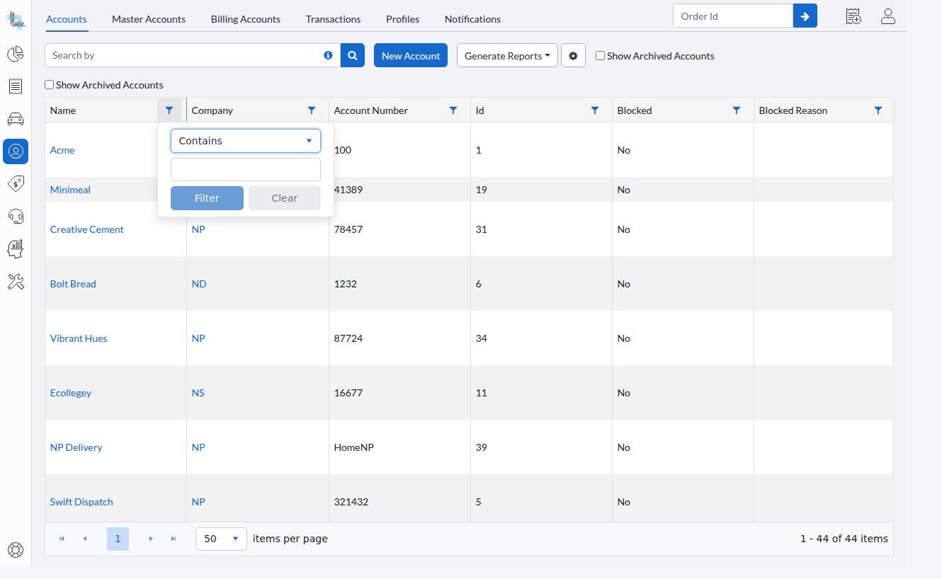 account list company filter