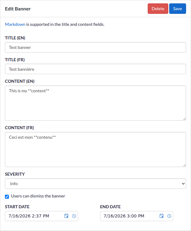 An existing banner open in the form, with both languages filled in and the Delete and Save buttons in the header.